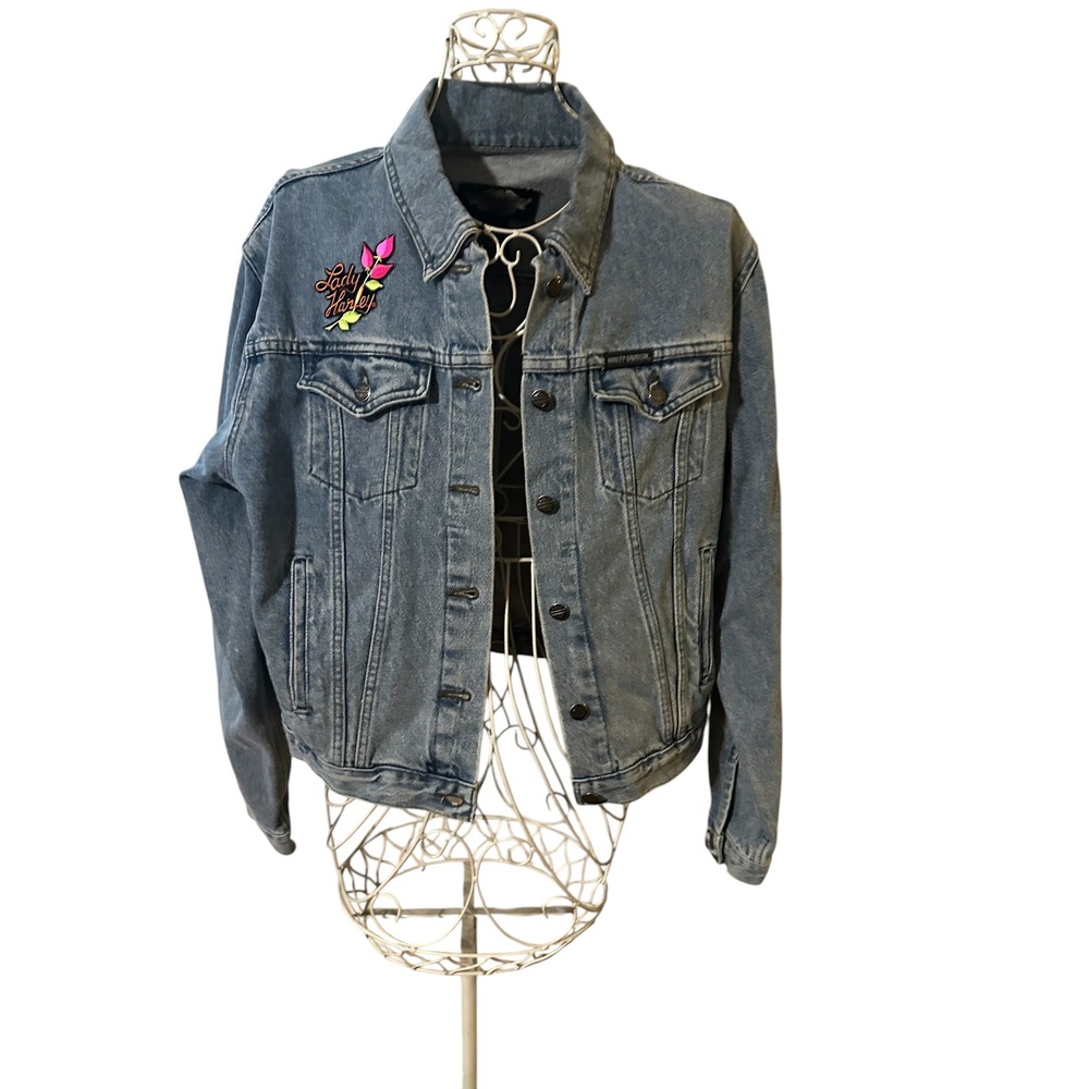 Harley Davidson Vintage Denim Jacket Lady Harley Patch Light Wash XL Canada